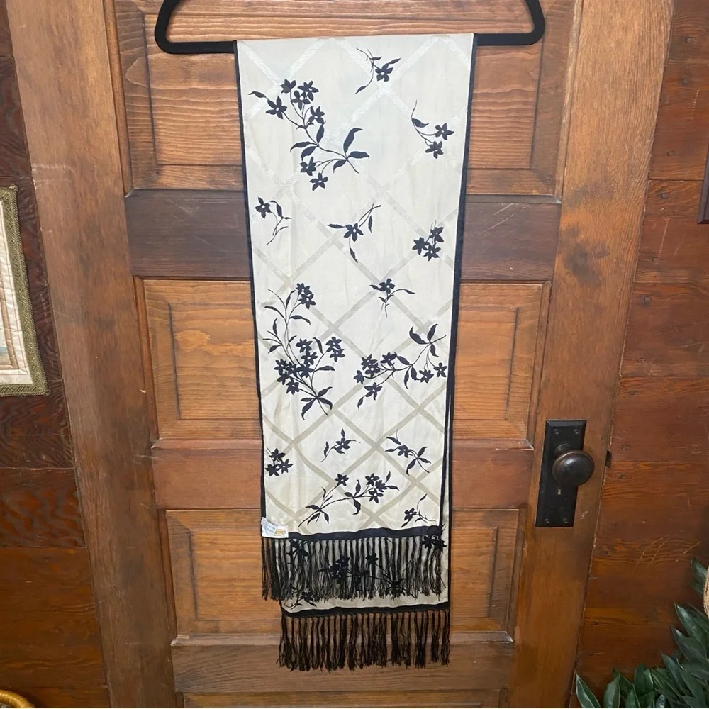 Vintage Talbots Silk Scarf Ivory and Black Floral Print Fringe Ends